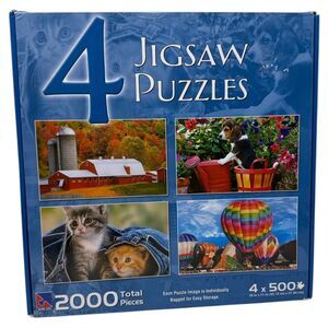 Jigsaw Puzzle box of 4 2000 Pieces Total dogs cats hot air balloon farm scenery